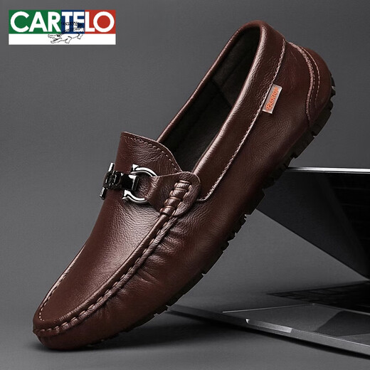 CARTELO leather shoes for men's genuine leather summer new breathable casual men's shoes soft sole lightweight one-foot kick-up bean shoes black hollow 9905 38 [Standard size of leather shoes]