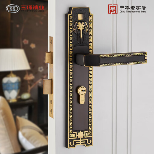 Drei-Ring neue chinesische Messing Tür Schloss Innenstille antike massive Holz Türgriff Schlafzimmer-Türgriff Handschloss 9928 [Europäisches Gold] 9928 Kupfertürschlos