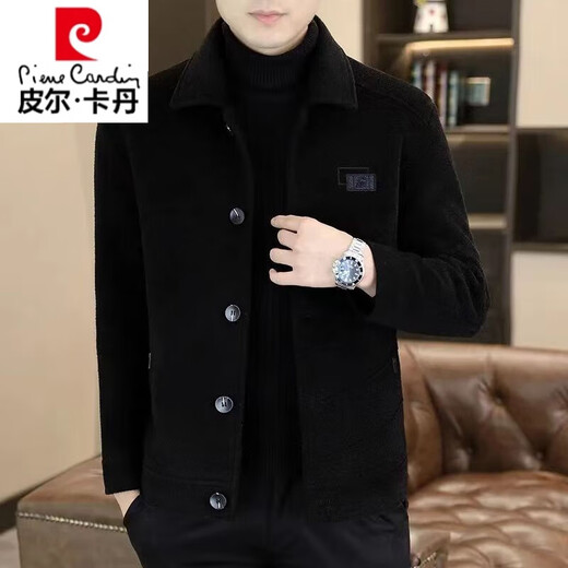 皮尔卡丹高档时尚潮流新男士呢子外套秋冬季新款秋冬毛呢大衣休闲翻领夹克 9858[黑色] M
