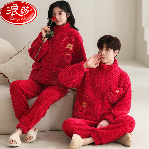 浪莎（LangSha）秋冬季结婚情侣睡衣红色珊瑚绒加厚加绒男女士新婚婚庆家居服套装 9716+图案+囍气洋洋 加 厚加绒 L 男款：  建议100-130斤