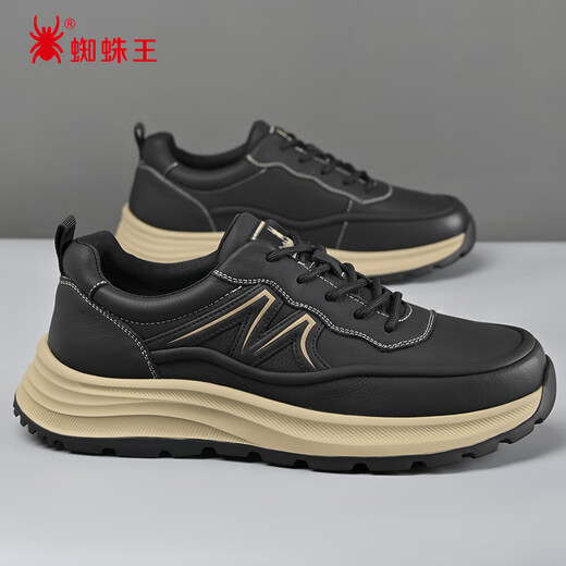 SPIDERKING Casual Shoes Men's Spring and Autumn Thick-soled Business Casual Sports Leather Shoes Breathable, Comfortable and Versatile Black 40