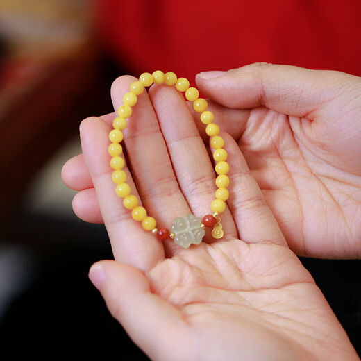 Longyin Beeswax Bracelet Amber Bracelet Women's Zodiac Year Men Hetian Jade Four-leaf Clover Fu Zi Nanhong Birthday Gift CS 5MM Single Circle Beeswax Four-leaf Clover Fu Zi