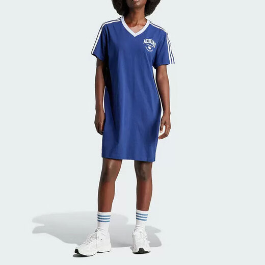 阿迪达斯（adidas）三叶草连衣裙女裙2025夏季新款运动裙V领短袖T恤休闲裙子 IT9853蓝色 L