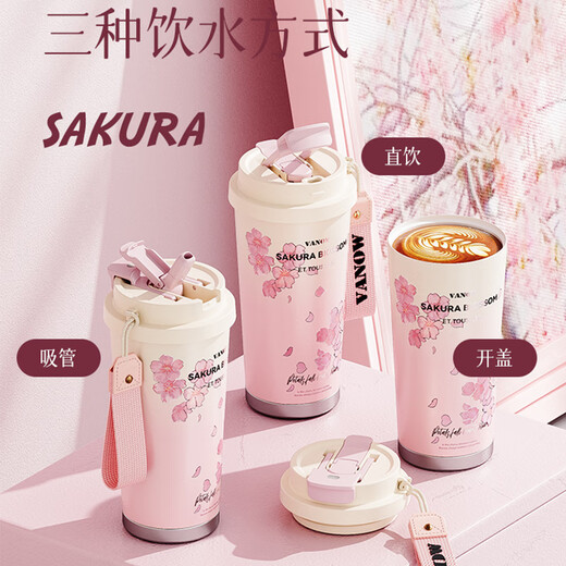 Vanow thermos cup Sakura girls coffee ceramic liner straw cup bestie birthday gift home museum water cup