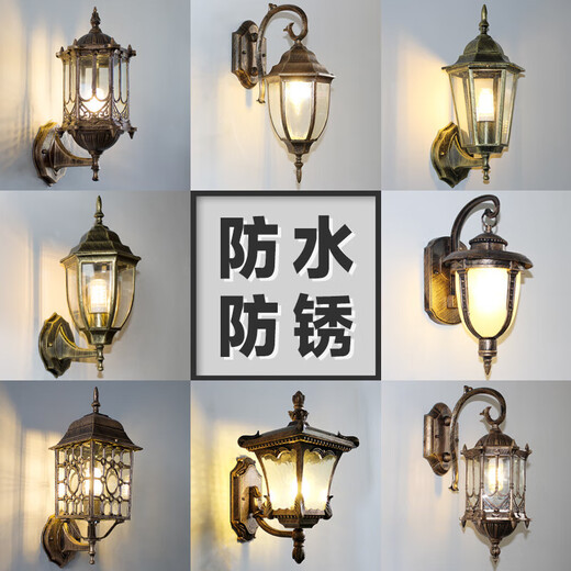 Fenglanq outdoor wall lamp waterproof European retro balcony garden lamp American aisle staircase outdoor pastoral led wall lamp lapis lazuli hexagonal wall lamp