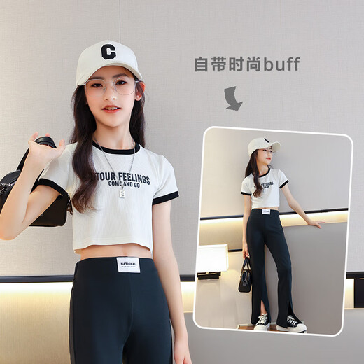 小猪彼特女童T恤短款修身夏季薄款嘻哈儿童短袖大童半袖夏装个性女孩上衣 9961白色+9889白色 120 cm
