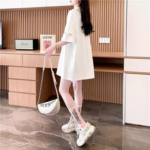 Feili Mussannes neuer Sommer-Polo-Hals-Kurzärmel-T-Shirt für Frauen im faulen Stil mit mittlerer Länge von Frauen, lose, schlampig halbärmelte Top 841 White L [vorgeschlagen 110-140jin [Jin gleich 0,5 kg]]]