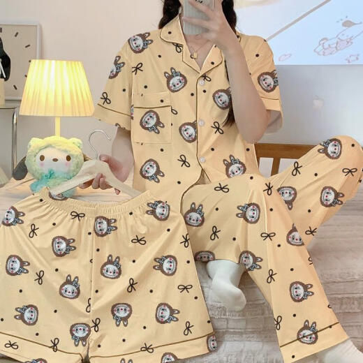 Catman 2025 New Cartoon süße kurzärmelige Pyjamas Drei-teilige Set für Außen 14126# Labubu Kurzärärmelte + Shorts + Hosen 2xl 125-145Jin [Jin entspricht 0,5 kg]