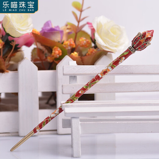 LEMIAO Cloisonné Lotus Hanfu Hairpin Women's Hairpin Alloy Jewelry Women's Hairpin Hairpin Women's Chinese Valentine's Day Gift Red