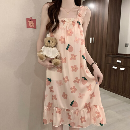 
Bei Yifu nightgown for women in summer with breast pad high-end ice silk cool suspender pajamas summer ladies sweet and cute home clothes 1355#red flower M