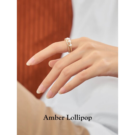 Amber Lollipop Wang Yuwen's same style pearl ring women's live index finger tail ring anniversary birthday gift for girlfriend and wife gold (freshwater pearl + 14k gold plated)