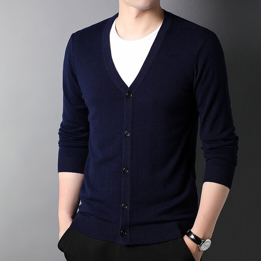 Hengyuanxiang knitted pure wool cardigan men's casual V-neck top autumn and winter sweater jacket for young and middle-aged men dark red XL 180/52/115