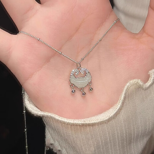 VTL Hotan Jade Safe Lock Sterling Silver Necklace Women's Silver Pendant Pure Silver Birthday Valentine's Day Christmas Gift Hotan Jade Silver Necklace Gift Box + Certificate