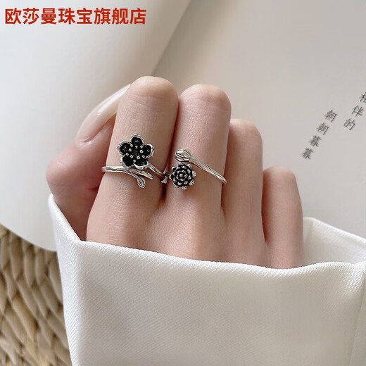 汉尔卓玫瑰花开口戒指925银小众藏银复古欧美手饰银尾戒女首饰生日礼物 684三朵花(7号开) 开口可调节