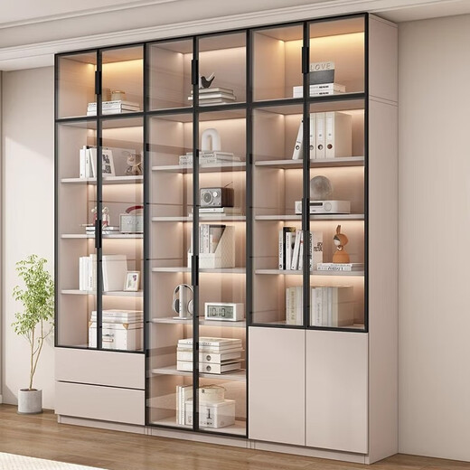 Caixiang bookcase with glass door display wine cabinet home living room hand-made integrated wall to top solid wood walnut color bookshelf 40 single door walnut color installation included standard version delivered to the home