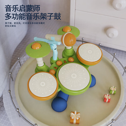 创育儿童节奏启蒙师早教神器架子鼓玩具早教初学者鼓打击乐器音乐四鼓 【多功能益智爵士四鼓】配麦克风 电池版【配普通电池】