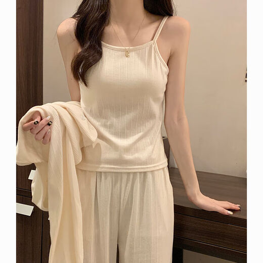 
Catman four-season pajamas for women pure cotton 2025 new pure and sweet style with chest pad simple blue three-piece set 831 apricot color with chest pad removable L Recommended 95-110Jin [Jin equals 0.5 kg]