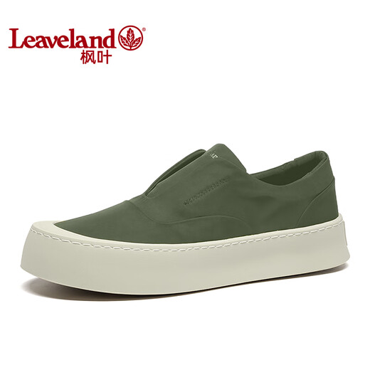 枫叶（leaveland）板鞋男夏季新品透气一脚蹬帆布鞋男都市简约软底休闲鞋子男 绿色(皮鞋码) 40