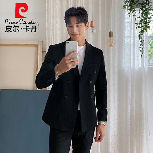 Pierre Cardin high-end double-breasted suit suit for men, British style gentleman, wedding groomsmen striped suit, formal business banquet, black suit + trousers, size 2XL