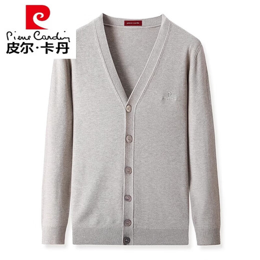 Pierre Cardin pure wool cardigan men's 100% wool spring and autumn new outer sweater men's thin versatile knitted sweater new medium gray 175/XL