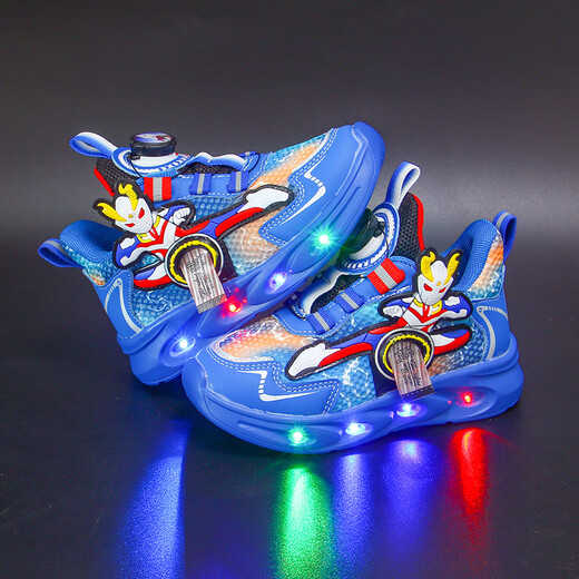 
GDUCK KIDS Ultraman Boys Shoes 2024 New autumn and winter plus velvet luminous shoes Children's rotating button anti-slip sports shoes Blue Ultraman leather 9923 Rotating button light 28 Inner length 17.3 cm