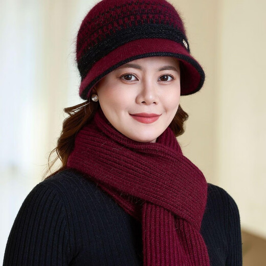恒源祥妈妈帽女中老年秋冬百搭时尚兔毛线盆帽加绒加厚抗寒保暖针织帽 皮红色 帽子围巾两件套
