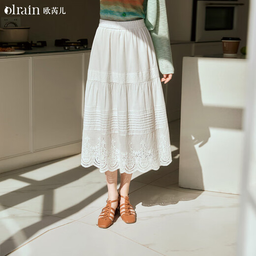 Olrain欧芮儿高腰蛋糕裙半身裙春夏秋女装花边半裙中长裙子 米白色 M