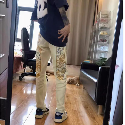 Yandian 2024 Spring and Autumn Yunteng Jeans Men's Trendy Brand Personality Big M Embroidery Print Casual Slim Straight Internet Celebrity Pants Pidi-9227 Picture Color 30