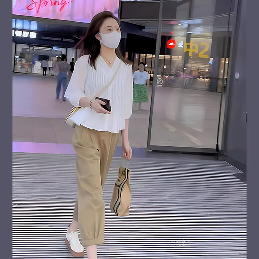 南叮雅格孕妇装夏季新款短袖衬衫穿搭套装减龄俏皮活泼上衣两件套装 白色上衣+卡其裤 L