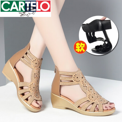 CARTELO leather Roman sandals 2025 new summer rhinestone thick heel medium heel hollow fish mouth shoes women's low heel mother shoes 96906 black thick heel style 38