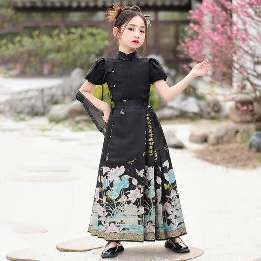 
Baaober Chinese style girl Hanfu summer new Chinese performance costume set new Tang suit horse face skirt girl summer Ming style black plus 2687 white 130cm