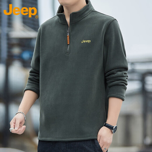Jeep (JEEP) sweatshirt men's autumn and winter loose long-sleeved T-shirt heavyweight polar fleece thickened warm clothes men's military green 2XL