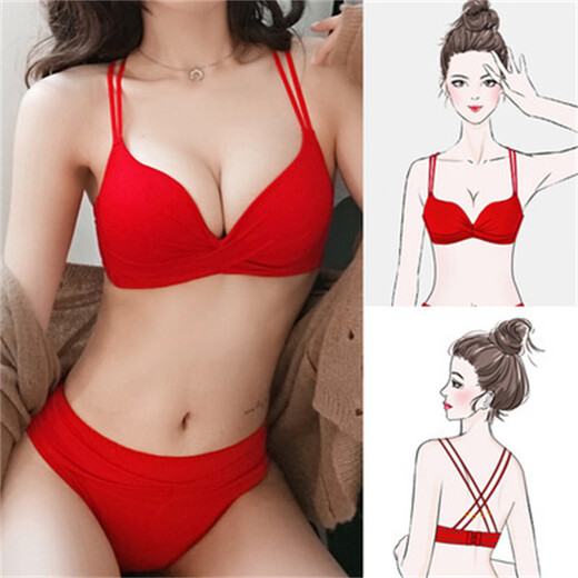 Aimu Autumn and Summer brand high-end underwear for women without steel rings, small breast push-up sexy bra set, red beautiful back bra for the year of birth, red set 32/70A