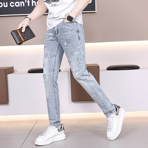 Gozan Jeans Jeans Hot Diamond Print 2025 Summer Fiting Fits Feet Pants Style Coreano Corea Cortaal Elástica Luz azul Luz 9885 28 (2 pies 1)