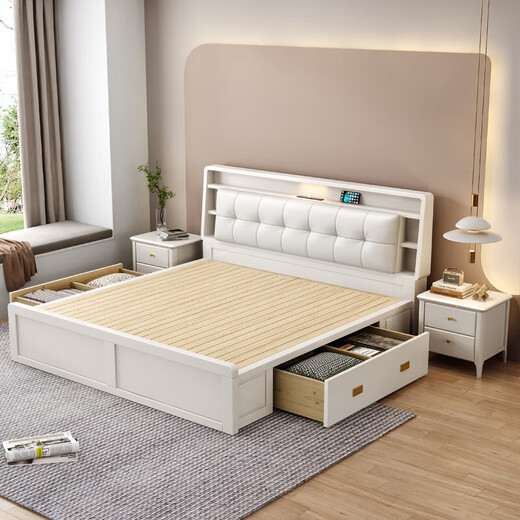 Yu feiqi nordisch massives Holzbett Doppelbett moderne einfache Hochkasten Nachtlichtladebett 9902# Einzelbett [mit Licht mit Buchse] 1,8*2,0 m (Rahmenmodell)