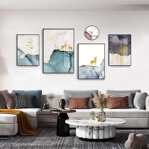 Mohu living room decoration painting sofa background wall new style mural modern simple TV background atmospheric abstract four-pair hanging painting Abstract art 15930 (including wall clock) Art crystal porcelain group-thin style gold frame