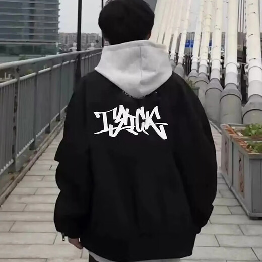 POUM bomber jacket men's autumn and winter trendy American retro high street thickened warm baseball jacket TMZXF-W611 black XL (size is too small, it is recommended to choose one size larger)