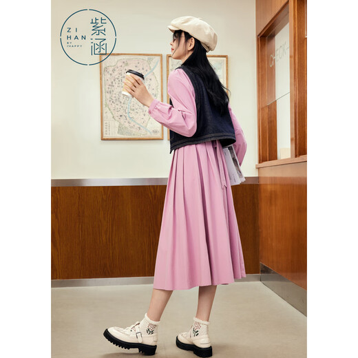 Zihan (ZIHAN) Zihan retro denim vest + pink mid-length shirt dress fashion suit spring raspberry pink XS