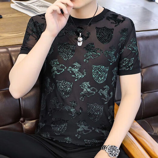 ZHIDOUDOU flocking European goods men's ice silk hollow short-sleeved T-shirt men's 2023 summer top trendy clothes men 3893 blue M -120Jin [Jin equals 0.5 kg]