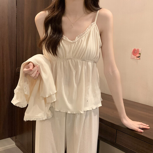 Pyjama modal pour les femmes au printemps et aux vêtements d'automne pour l'été Nouveau décontracté pure et sexy décontracté avec poitrine en dentelle à trois pièces T831 petite dentelle cerise avec 2xl
