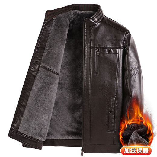 Woodpecker (TUCANO) Haining leather jacket for men, middle-aged dad, autumn and winter leather jacket, men's velvet thickened coat, middle-aged and elderly soft leather top, black coffee color 180