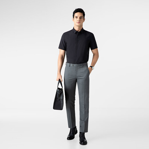 VICUTU short-sleeved shirt men's fashionable skin-friendly and comfortable and easy to take care of solid color versatile shirt VBW88253439Y Black 190/B/44