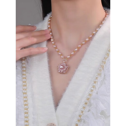 QUAMER Gold Store Flower Natural Freshwater Pearl Necklace Women's Simple Versatile Zircon Clavicle Chain New Chinese Style Purple Transfer Bead Freshwater Pearl Necklace