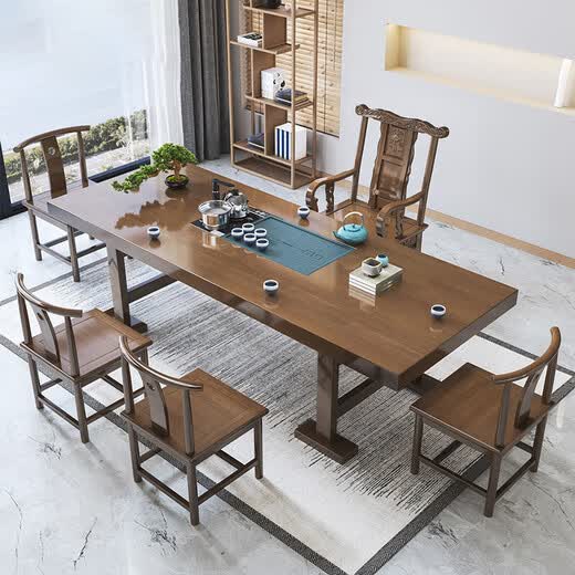 Mesa de té china Aitang de madera maciza, mesa de té de oficina, mesa de té plana de 1,6 metros + silla con sombrero oficial + 4 luna creciente