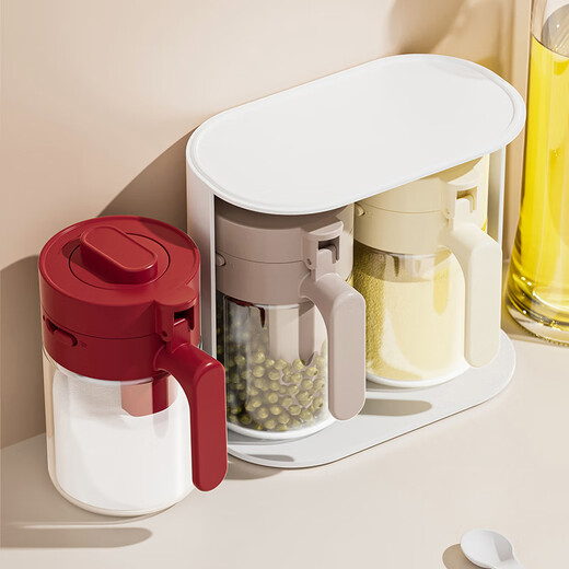 Home KATEI STORY Japanese seasoning box kitchen seasoning jar seasoning box glass salt shaker storage container moisture-proof seasoning jar quantitative high-end cream lid with spoon single piece 300ml