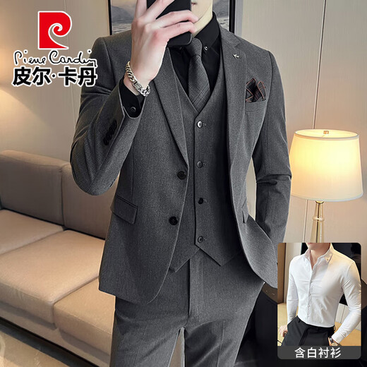 Pierre Cardin groom suit suit men's business professional formal wedding dress handsome casual slim large size suit for men dark gray four-piece suit (suit + trousers + vest + shirt) 2XL