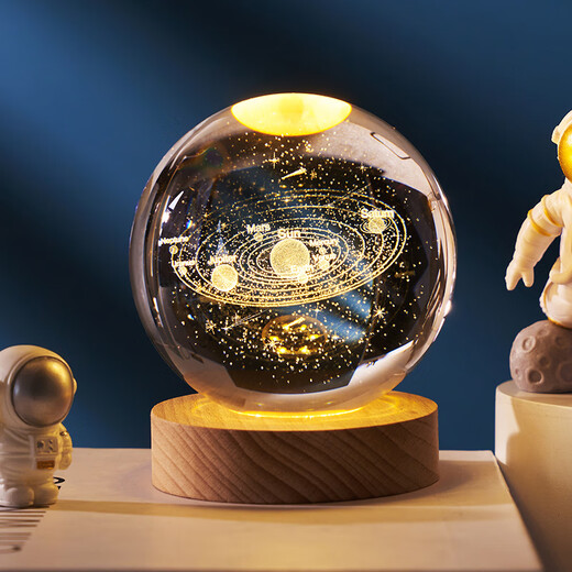 Yunya Starry Sky Astronaut 3D Internally Carved White Crystal Ball Luminous Base Night Light Creative Glass Ball Ornaments for Boys and Girls Solar System 6cm + Warm Light Base Color Box