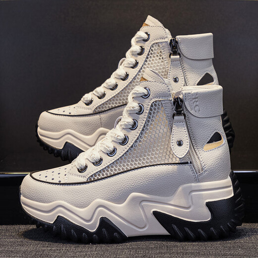 OTMX SAPOS DE PAPO ZAPATROS CORRALES DE MUJERES COWHIDE HIGH TOP FURAN AMIGA 2025 Spring y otoño Nuevas zapatillas de viaje versátiles de suela gruesa 677-1 Beige Mesh 37