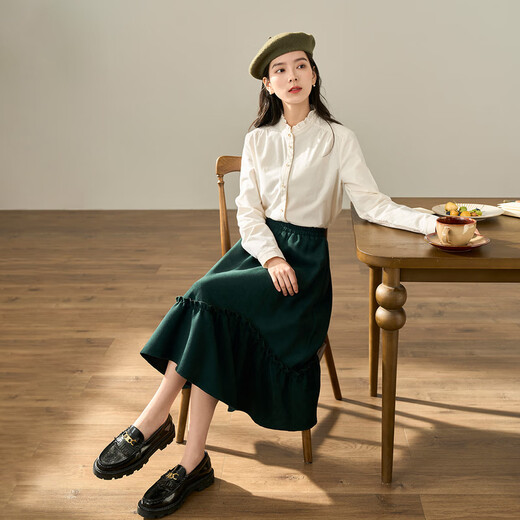 Yinmandong Women's Retro Style Pastoral Ruffled Stand Collar Metal Button Retro Versatile Long Sleeve Shirt Beige-M