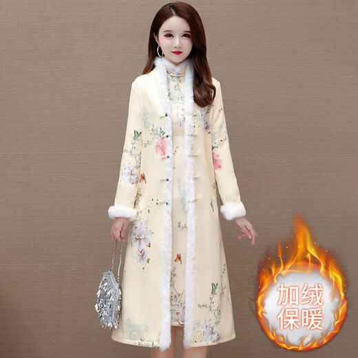 NUKM new Chinese style improved cheongsam plus velvet thickened long cotton coat for women winter new style Chinese style suit skirt 781 champagne two-piece set non-velvet cheongsam + jacket 2XL recommended 115-130Jin Jin equals 0.5 kg